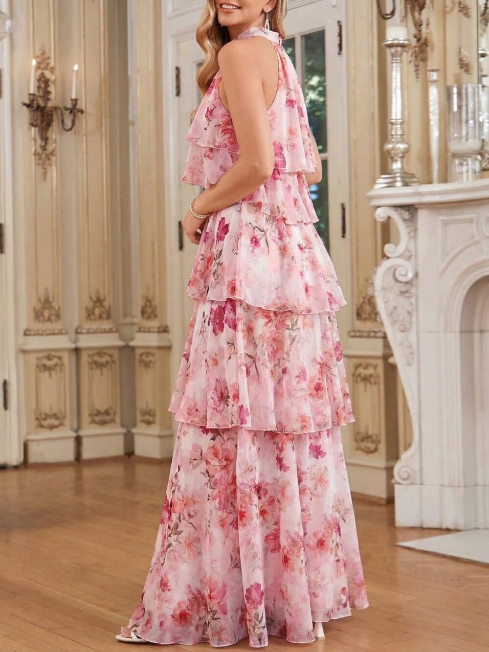 Multicolor Boho Women's Elegant Halter Neck Layered Ruffle Dress - Picture 2 of 5
